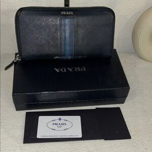 Prada Men's Wallet in Black with Blue Stripe